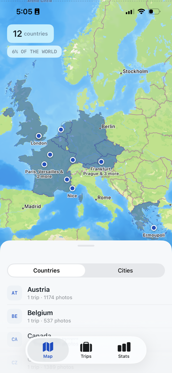 Contrail map view showing visited countries across Europe