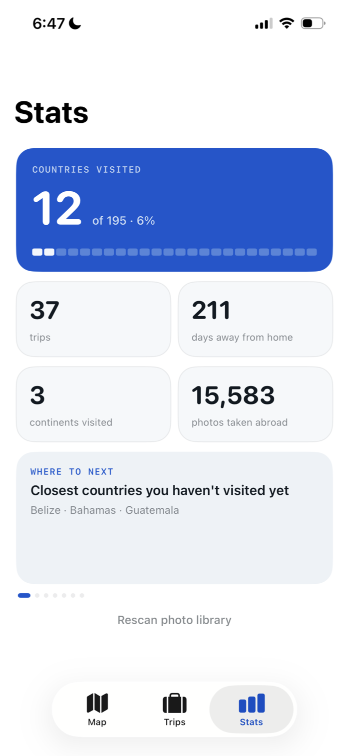 Contrail stats screen showing trips and countries visited